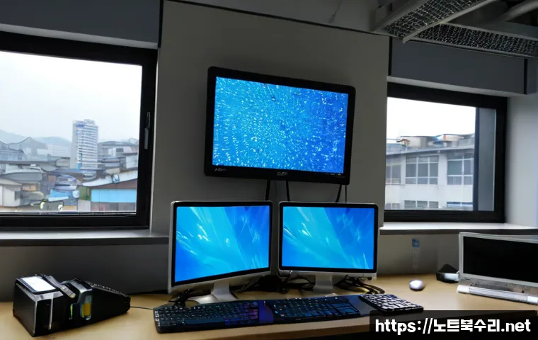 양평동 DRIVER_IRQL_NOT_LESS_OR_EQUAL - Photorealistic IT support workstation in Yangpyeong-dong, Seoul, dual monitors showing abstract blue...