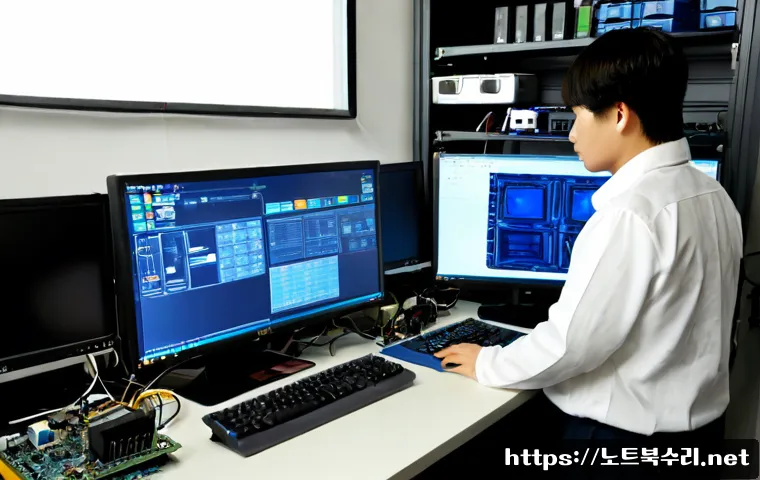 낙원동 STATUS_KERNEL_DRIVER_CORRUPTION - Photorealistic IT support workstation in a compact Nakwon-dong electronics workshop, dual monitors s...