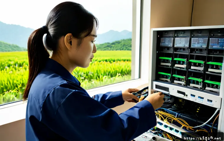 단월면 서버출장방문수리점 - Photorealistic on-site server repair in a quiet rural Korean township office, technician connecting ...