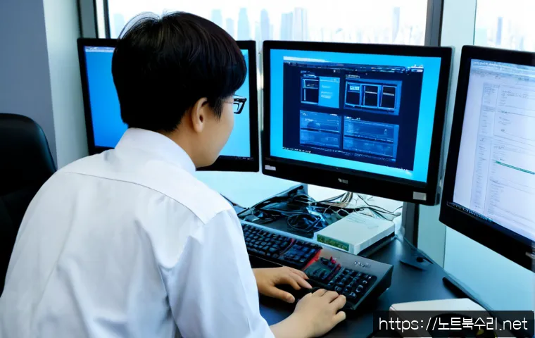 덕정동 STATUS_KERNEL_DRIVER_CORRUPTION - Photorealistic IT technician at a dual-monitor workstation in a compact Deokjeong-dong office, caref...