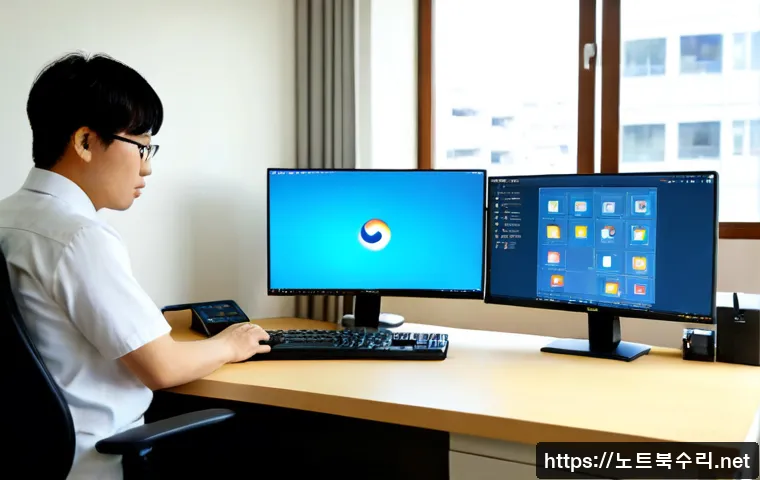 은계동 STATUS_MODULE_ACCESS_DENIED - Photorealistic modern workstation in a quiet Korean suburban office, dual monitors displaying abstra...