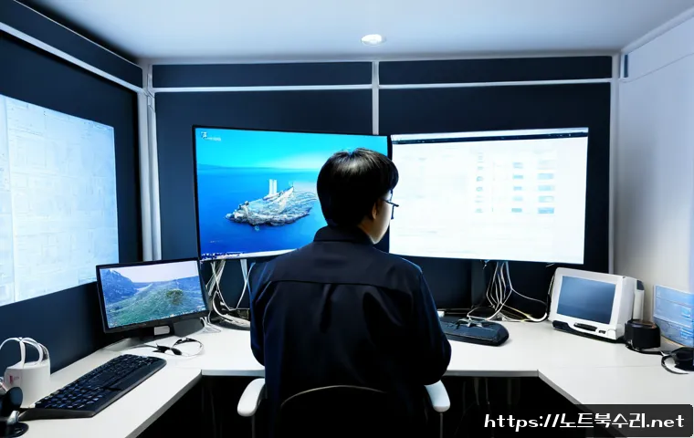 해곡동 STATUS_INVALID_DEVICE_REQUEST - Photorealistic remote-support workstation in a compact coastal Korean neighborhood office, IT techni...