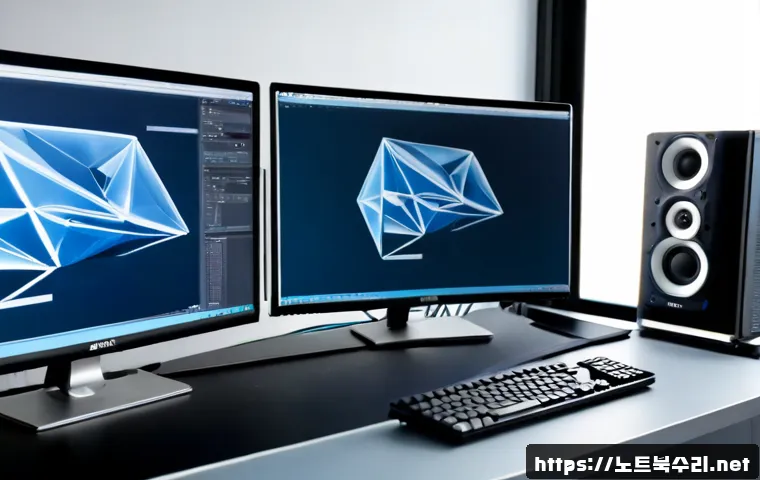 관고동 SOFTWARE_EXCEPTION - Photorealistic desktop software support scene in a compact professional studio, dual monitors showin...