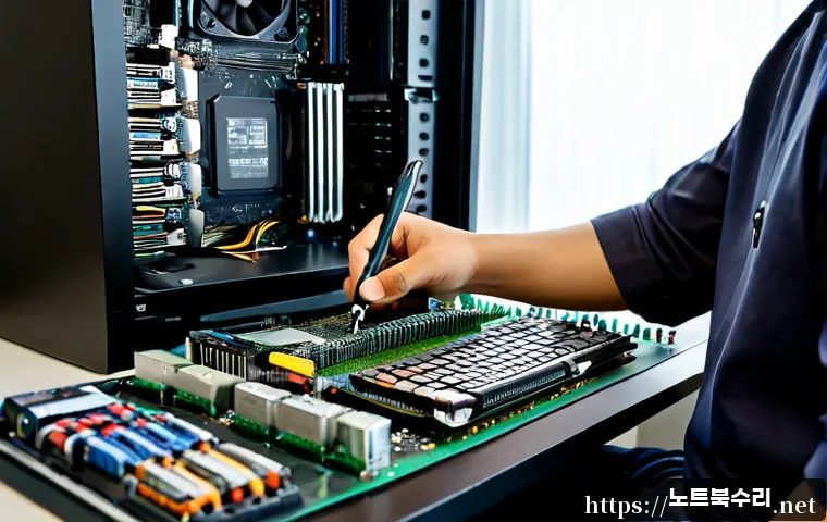중동 그래픽카드조립 및 교체수리 - Photorealistic computer repair workstation in Jung-dong, a technician carefully installing a high-en...