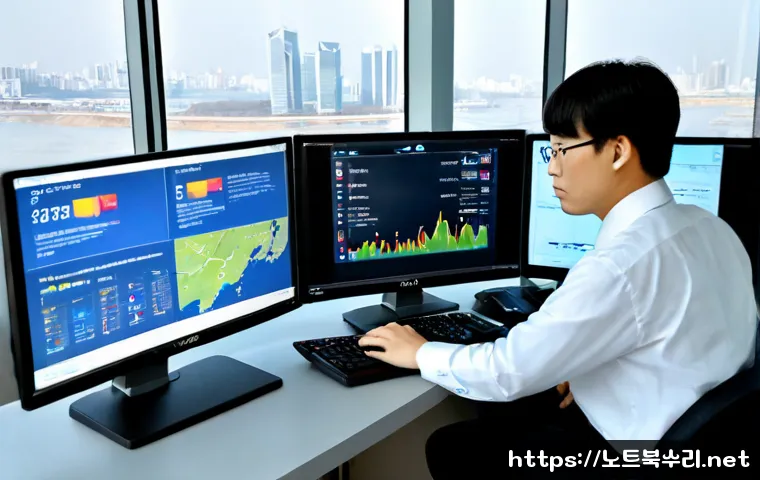 여의도 STATUS_INSTRUCTION_FAILED - Photorealistic high-rise workstation overlooking the Han River in Yeouido, remote-support specialist...