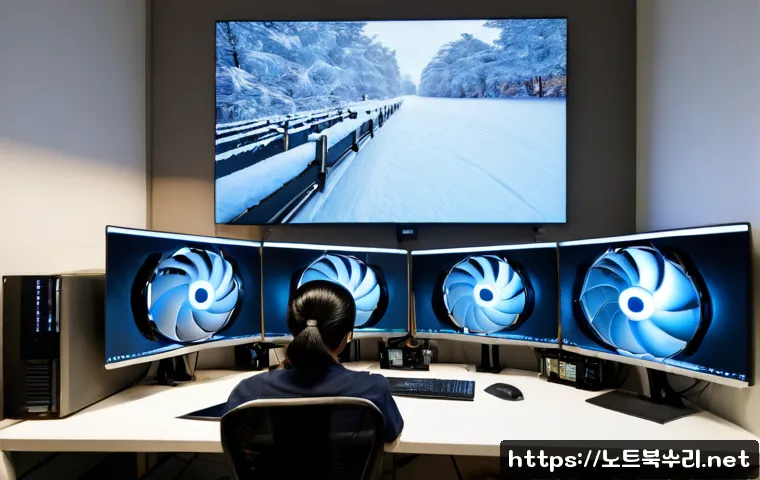 쌍림동 CLOCK_WATCHDOG_TIMEOUT - Photorealistic IT support workstation in a compact Ssangnim-dong design office, dual monitors frozen...