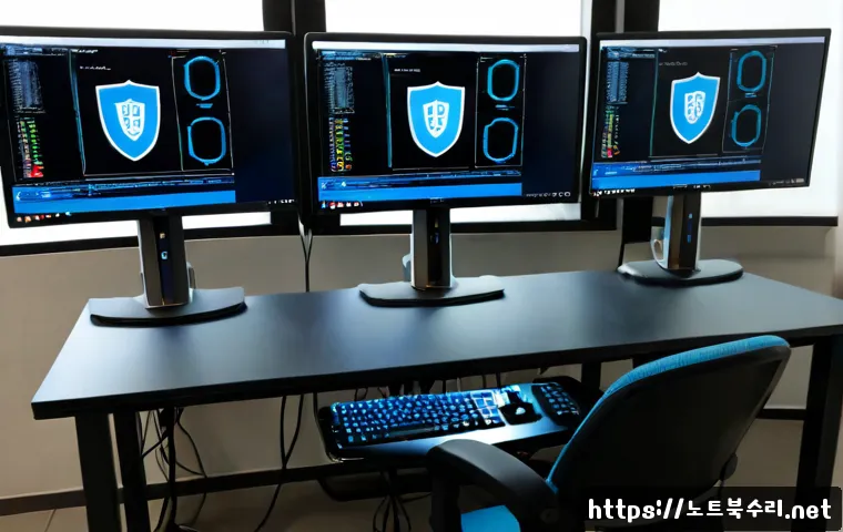 수청동 STATUS_KERNEL_SECURITY_CHECK - Photorealistic IT support workstation in a compact Sucheong-dong apartment office, dual monitors sho...