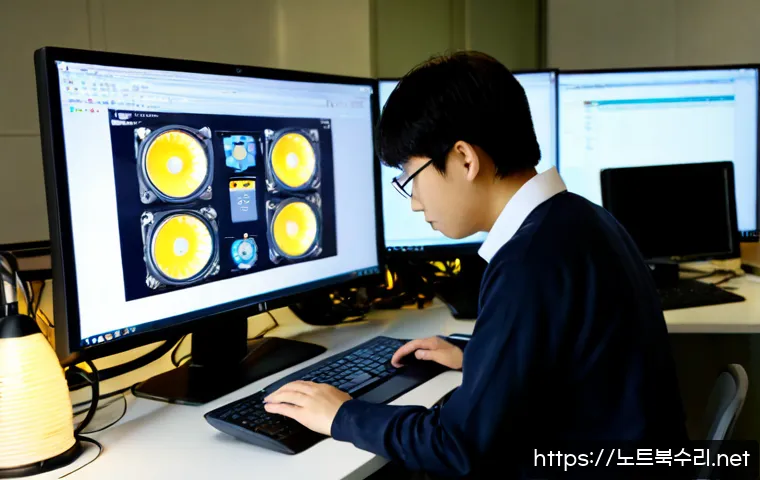 장사동 STATUS_INVALID_LOCK_SEQUENCE - Photorealistic software support workstation in a compact Jangsa-dong office, dual monitors showing a...