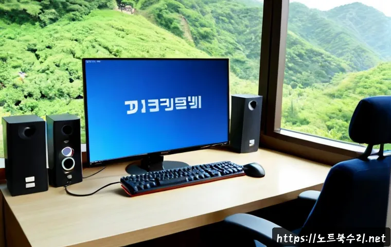 임학동 UNEXPECTED_KERNEL_MODE_TRAP - Photorealistic IT support workstation in a quiet Korean apartment office near a low wooded hillside,...