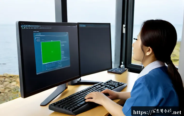 서신면 STATUS_INVALID_THREAD - Photorealistic remote-support workstation in a quiet coastal township office, dual monitors showing ...