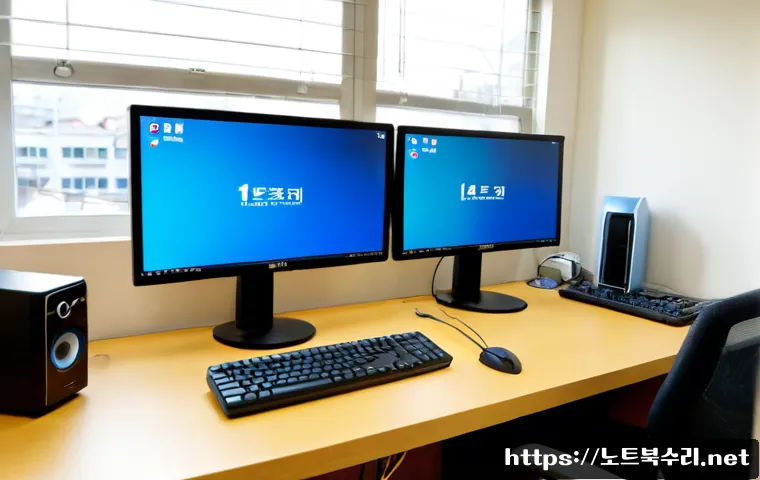 신풍동 INTERNAL_POWER_ERROR - Photorealistic IT support workstation in a compact residential office, dual monitors showing a blank...