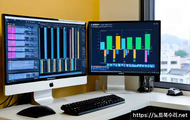 소사동 STATUS_PAGEFILE_MISSING - Photorealistic IT support workstation in a compact Sosadong office, dual monitors showing abstract s...