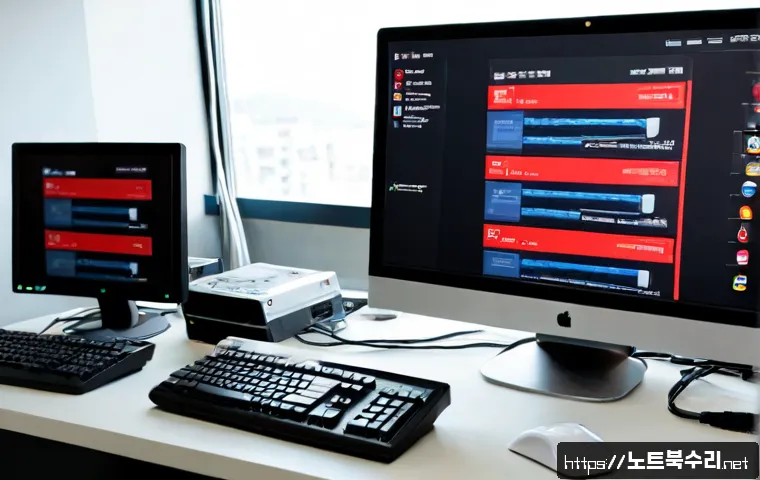 운양동 STATUS_DISK_CORRUPTION - Photorealistic IT support workstation in a modern apartment office near a quiet Korean new-town dist...