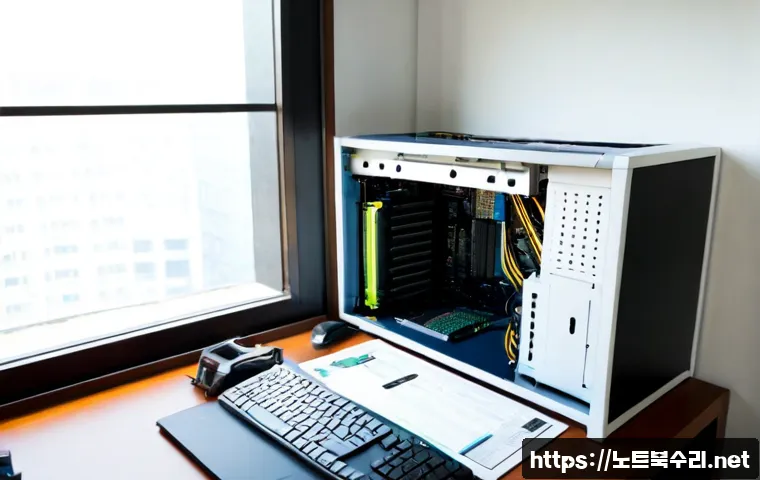 성사동 RAM조립 및 교체수리 - Photorealistic computer repair workstation in a compact Seongsa-dong apartment office, technician ca...