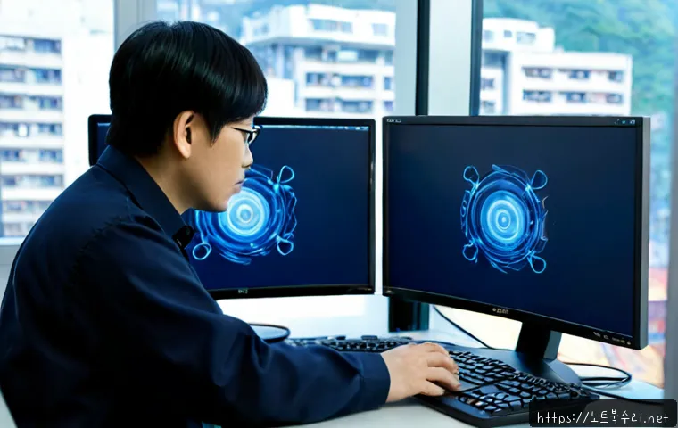 현천동 STATUS_KERNEL_THREAD_TIMEOUT - Photorealistic IT support workstation in a compact Hyeoncheon-dong office, dual monitors frozen on a...