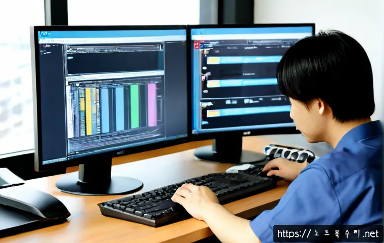 옥정동 REGISTRY_ERROR - Photorealistic IT support workstation in a modern apartment-office setting, dual monitors showing a ...