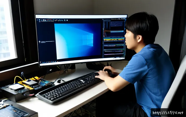 월계동 linux재설치 포맷 초기화 - Photorealistic computer repair workstation in a compact Wolgye-dong apartment study, technician rein...
