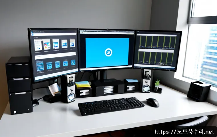 민락동 STATUS_INVALID_LOCK_SEQUENCE - Photorealistic IT support workstation in a modern Korean riverside apartment office, dual monitors s...