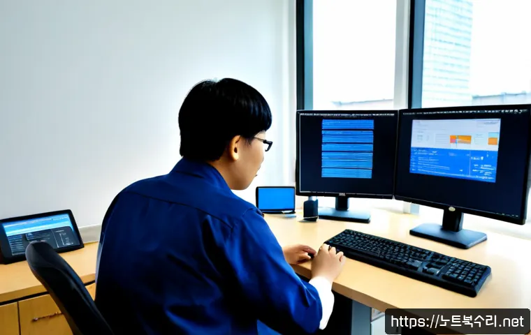 팔달구 STATUS_KERNEL_FILE_SYSTEM_ERROR - Photorealistic IT support workstation in a compact Paldal-gu office, dual monitors showing a nonverb...