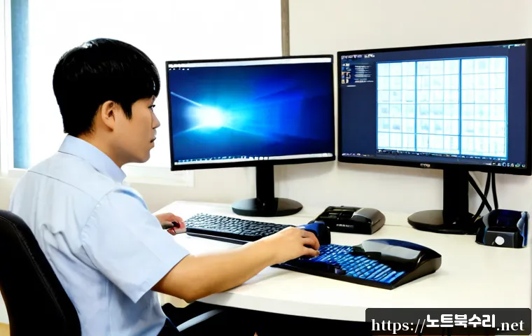하거동 SYSTEM_SERVICE_EXCEPTION - Photorealistic IT support workstation in a quiet Korean apartment-office setting, dual monitors show...