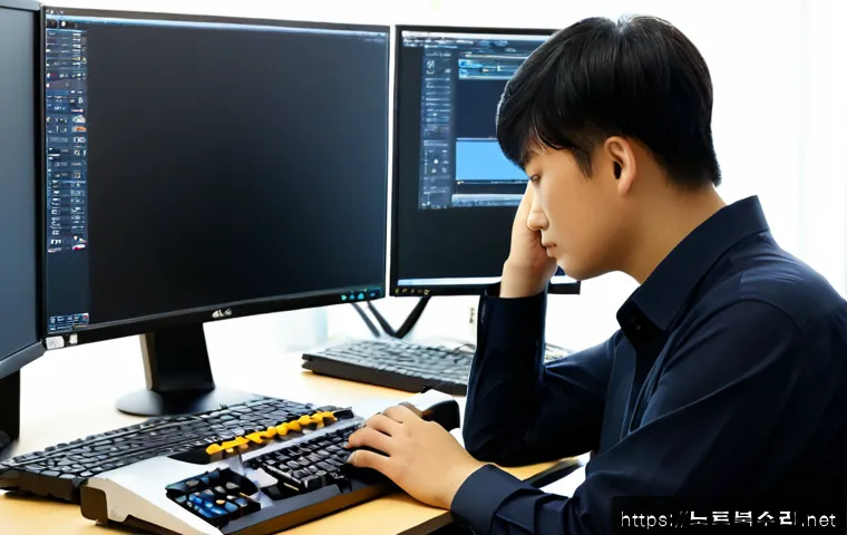 운북동 HARDWARE_FAILURE - Photorealistic IT support workstation in a modern Unbuk-dong office, desktop tower opened beside dua...