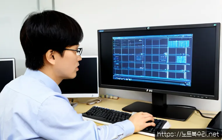 마산동 신호없음 - Photorealistic IT support workstation in a compact Masan-dong office, desktop monitor showing a blan...