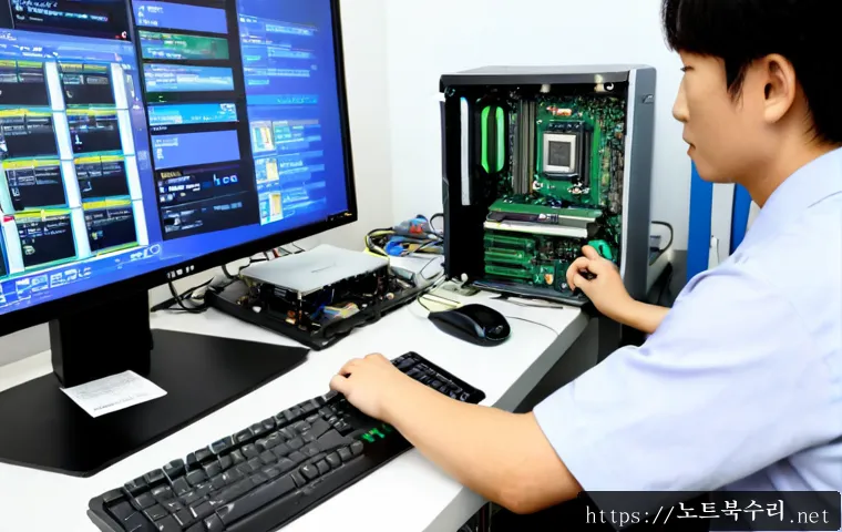 원미구 WHEA_UNCORRECTABLE_ERROR - Photorealistic computer repair workstation in Wonmi-gu, Bucheon, technician diagnosing a blue-screen...