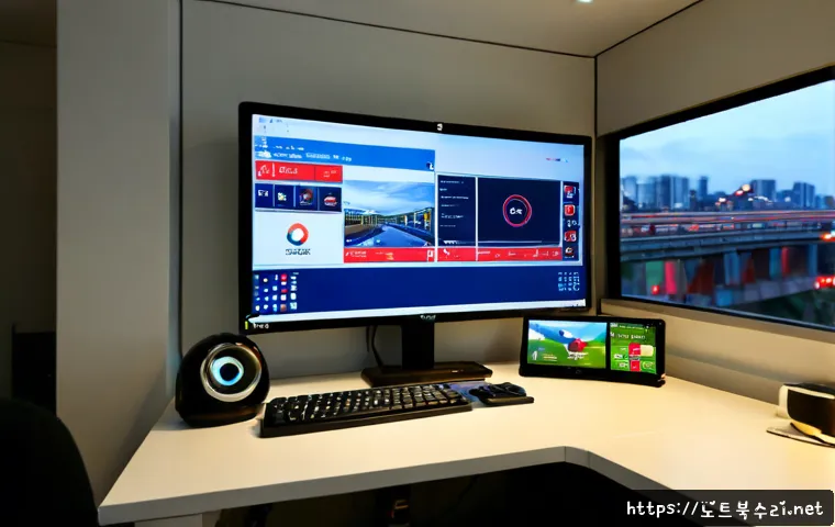 중림동 STATUS_MODULE_ACCESS_DENIED - Photorealistic remote-support workstation in a compact Jungnim-dong office near an elevated rail cor...