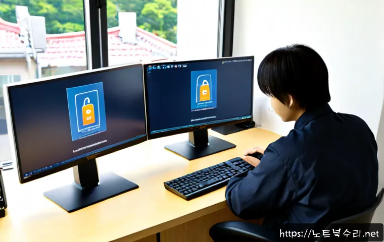 현암동 STATUS_INVALID_LOCK_SEQUENCE - Photorealistic IT support workstation in a compact Korean neighborhood office, dual monitors display...