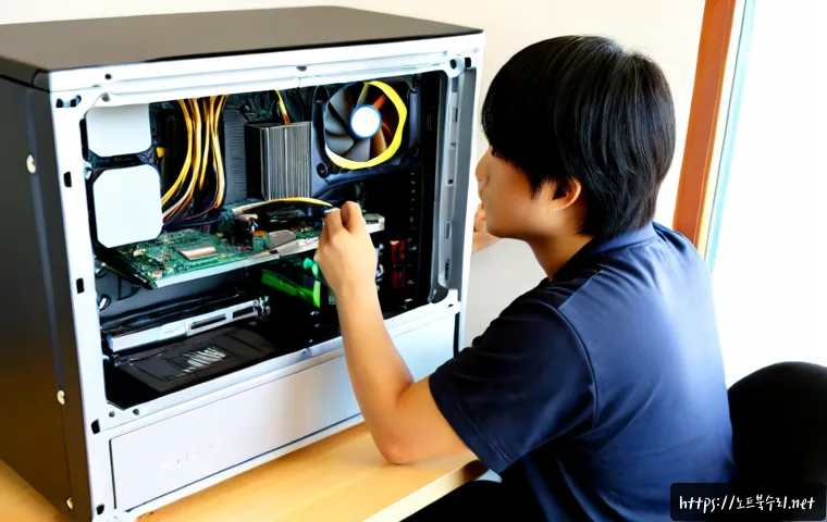 안흥동 쿨러조립 및 교체수리 - Photorealistic desktop PC repair workstation in a compact Anhung-dong apartment office, technician c...