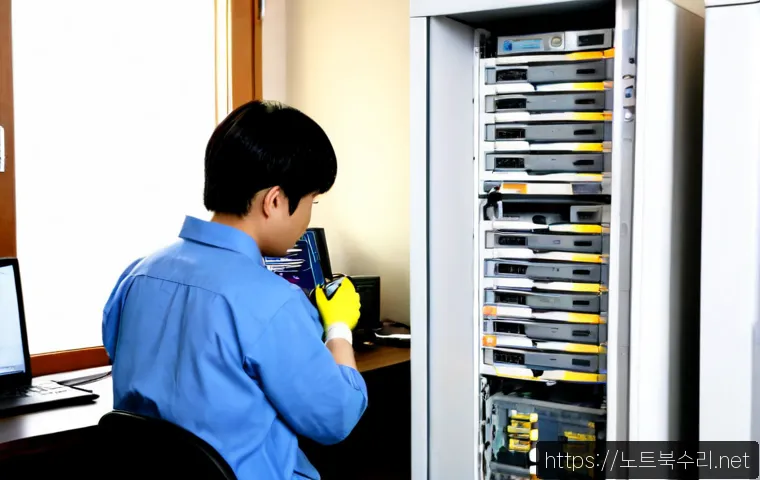 수석동 STATUS_DISK_NOT_INITIALIZED - Photorealistic IT workstation in a quiet Seokseok-dong apartment office, desktop tower opened beside...
