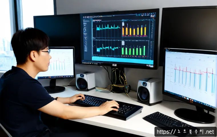백석동 HARDWARE_INTERRUPT_STORM - Photorealistic IT support workstation in a modern Baekseok-dong office, dual monitors showing abstra...