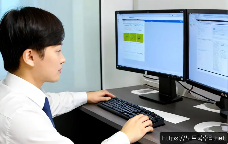 청계동 SYSTEM_LICENSE_VIOLATION - Photorealistic IT support workstation in a compact Cheonggye-dong office, dual monitors showing abst...