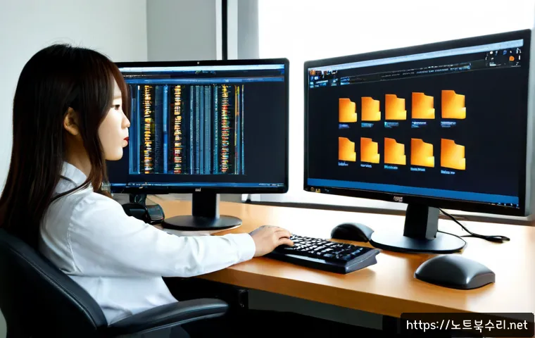 옥천면 PFN_LIST_CORRUPT - Photorealistic IT support workstation in a quiet Ocheon-myeon office, dual monitors displaying abstr...