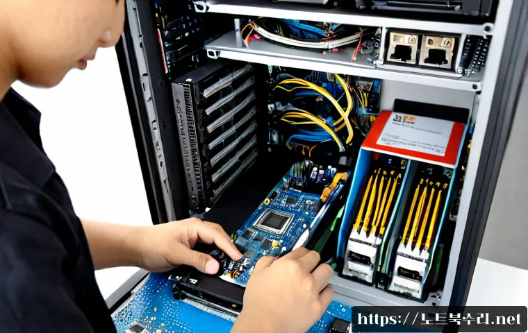 율동 메인보드조립 및 교체수리 - Photorealistic computer repair workstation in Yuldong, technician carefully installing a new motherb...
