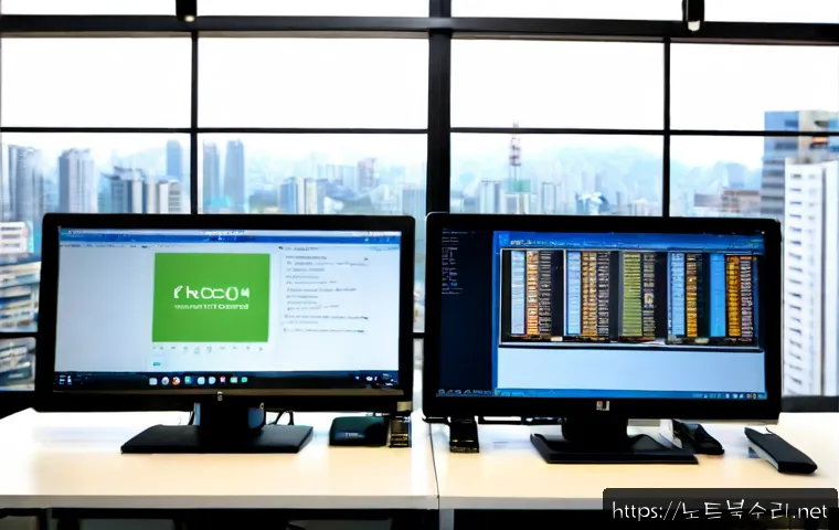 역삼동 DRIVER_IRQL_NOT_LESS_OR_EQUAL - Photorealistic premium IT support workstation in Yeoksam-dong, Seoul, dual monitors showing a clean ...