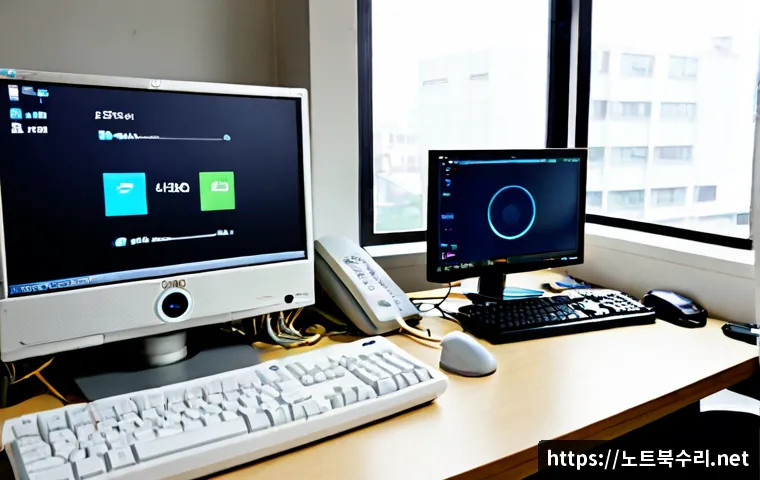 지동 신호없음 - Photorealistic remote-support workstation in a compact Jidong neighborhood repair office, desktop mo...