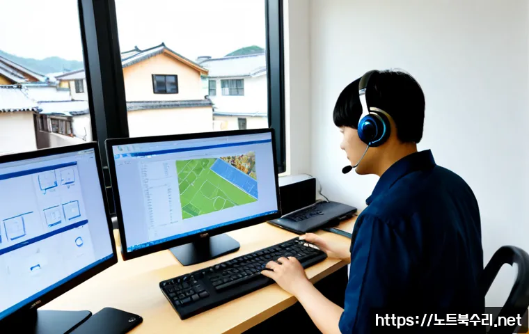 작전동 STATUS_IMAGE_NOT_FOUND - Photorealistic remote IT support workstation in a bright apartment office, dual monitors showing an ...