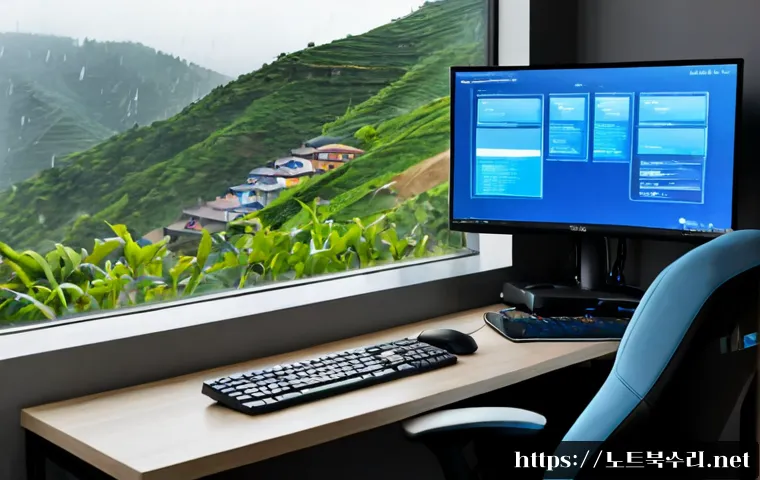 신모산동 DPC_WATCHDOG_VIOLATION - Photorealistic IT support workstation in a compact apartment office, dual monitors showing a blue sy...
