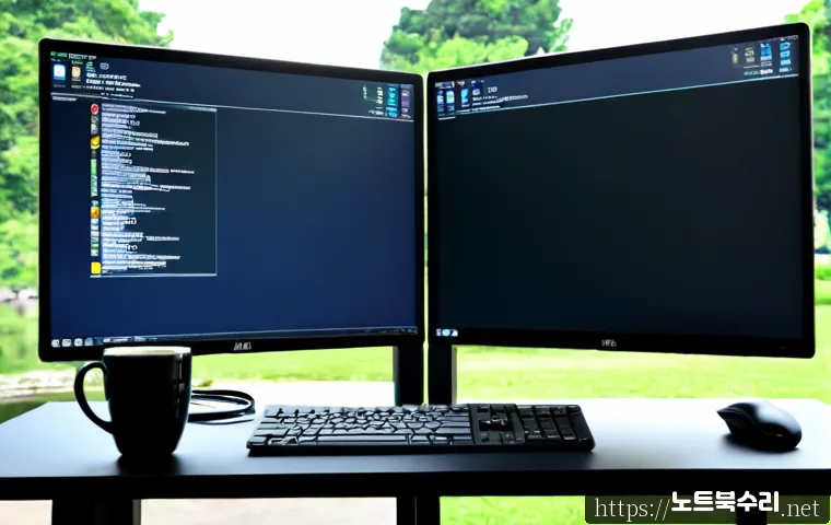 선유동 STATUS_MODULE_NOT_FOUND - Photorealistic software developer workstation, dual monitors showing a clean abstract application in...