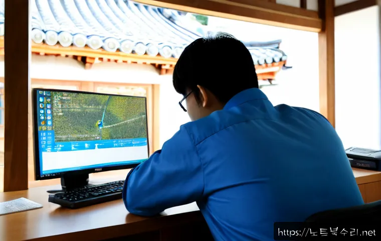 권농동 STATUS_KERNEL_THREAD_TIMEOUT - Photorealistic remote IT support workstation in a quiet Gyeongju neighborhood office, desktop monito...