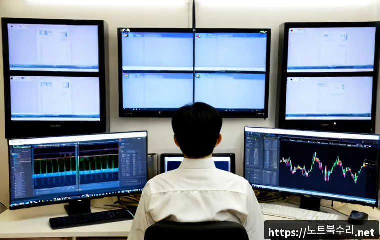 산남동 HARDWARE_INTERRUPT_STORM - Photorealistic IT support workstation in Sangnam-dong, dual monitors showing a clean abstract system...