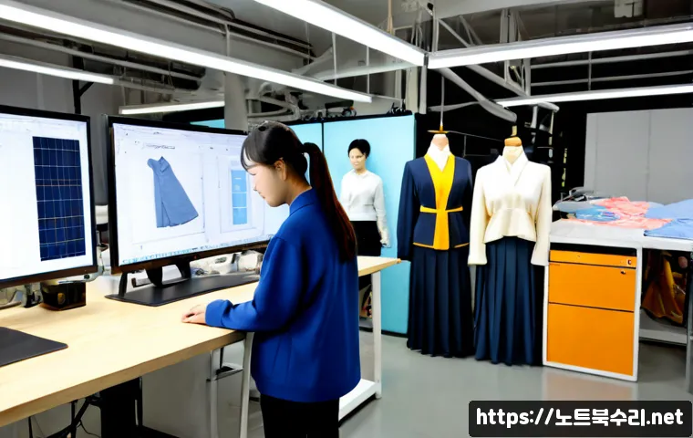 동대문 STATUS_INSUFFICIENT_RESOURCES - Photorealistic fashion CAD workstation in a Dongdaemun-inspired garment studio, designer viewing a c...