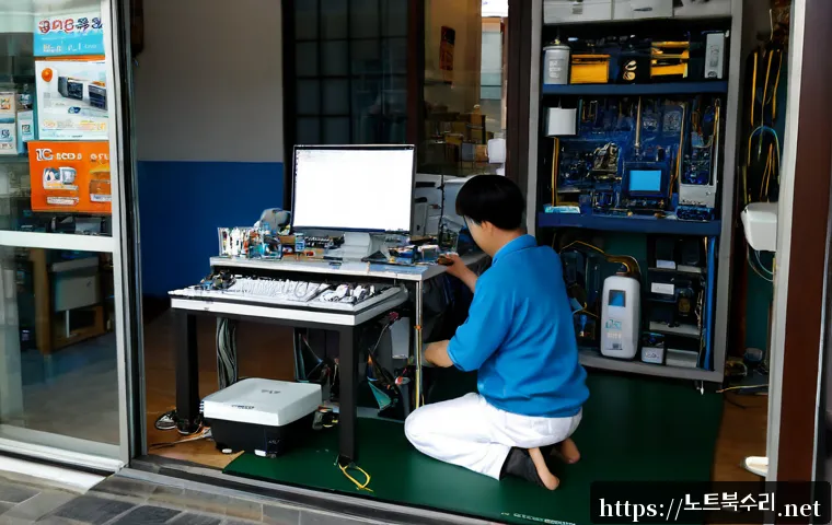 오산동 아이맥 판매 및 수리 - Photorealistic computer repair workshop in Osan-dong, a sleek all-in-one desktop carefully opened on...