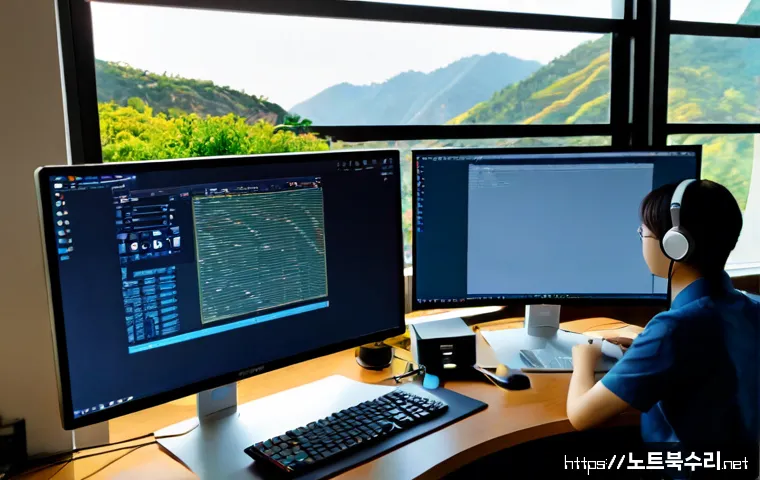 금오동 STATUS_MODULE_NOT_FOUND - Photorealistic remote-support workstation in a compact Korean apartment office, dual monitors showin...