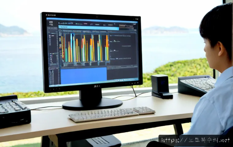 옹진군 STATUS_KERNEL_LOG_FAILURE - Photorealistic remote-support workstation in a quiet island county office, desktop monitor showing a...