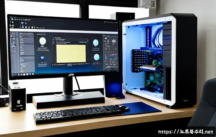 대현동 본체 꺼졌다 켜졌다 할때 - Photorealistic desktop computer repair scene in a compact Daehyeon-dong apartment workspace, open to...