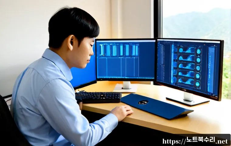 만안구 STATUS_KERNEL_MODE_EXCEPTION - Photorealistic IT support workstation in a modern Manan-gu office, technician studying a dual-monito...