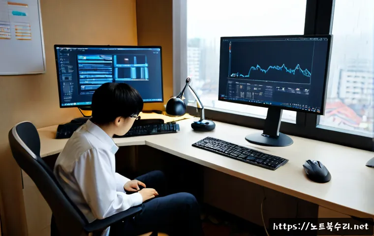 소사구 STATUS_KERNEL_LOG_FAILURE - Photorealistic IT support workstation in a compact Bucheon-style office, dual monitors showing a bla...