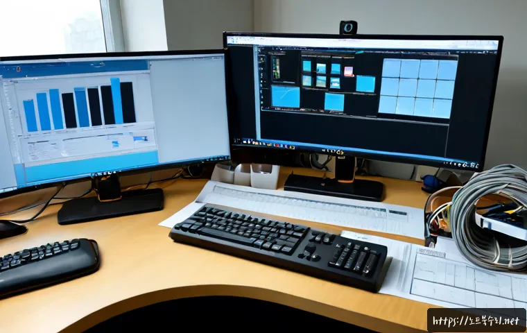 증일동 STATUS_STACK_UNDERFLOW - Photorealistic software support workstation in a compact Jeungil-dong office, dual monitors showing ...